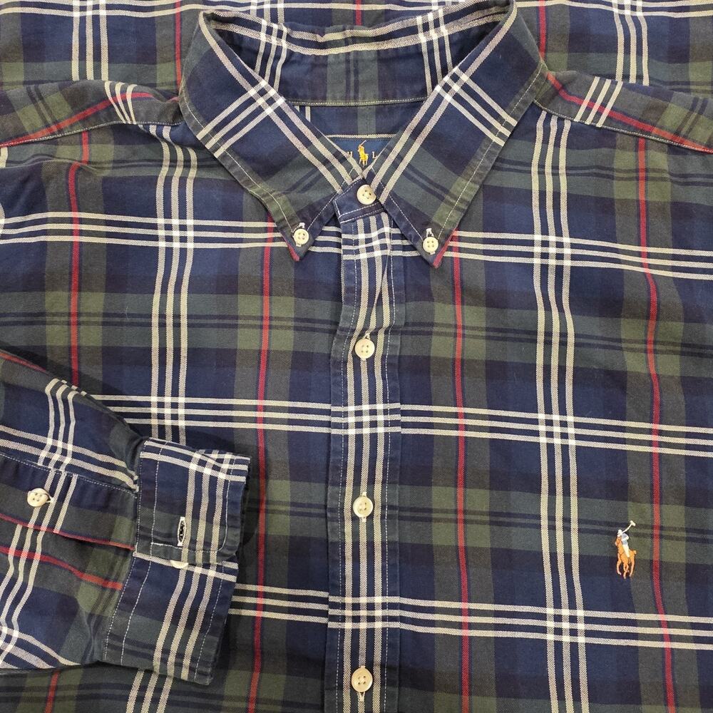 Ralph Lauren Mens 2XLT Plaid Button Down Long Sleeve Shirt Blue